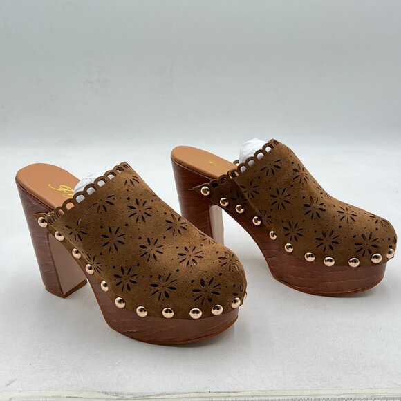 FOWT Tan Studded Round Toe Floral Cut Out Platform Mules Chunky Heel Sandals - Picture 4 of 8